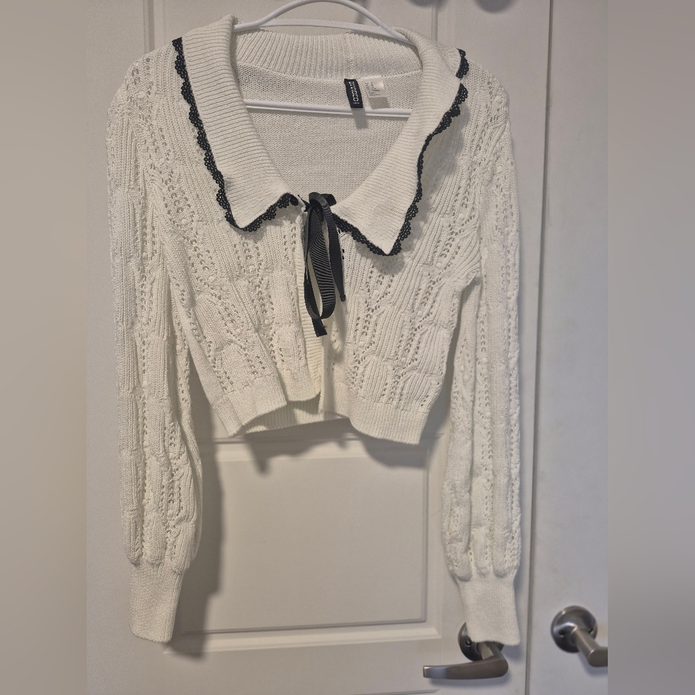 H&M White Cable Knit Cardigan with Black Lace Trim